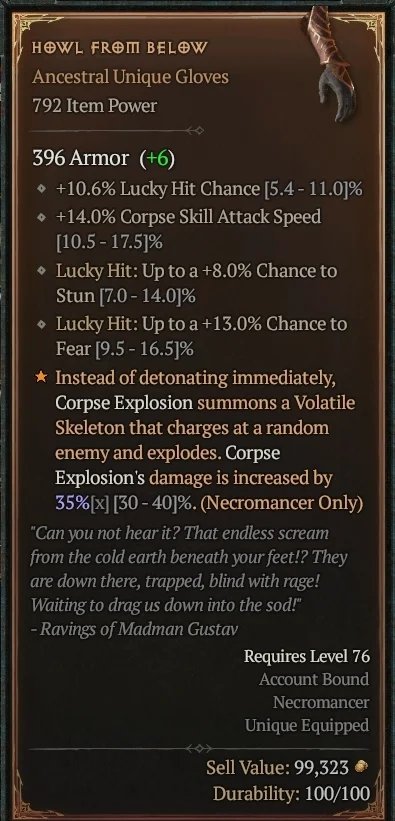 Diablo 4 Howl from Below: Unique Gloves card
