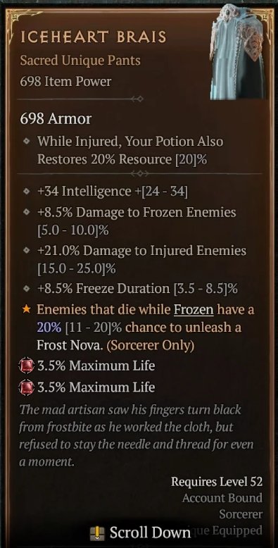 Diablo 4 Iceheart Brais: Unique Pants card