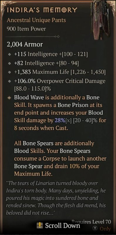 Diablo 4 Indira's Memory: Unique Pants card