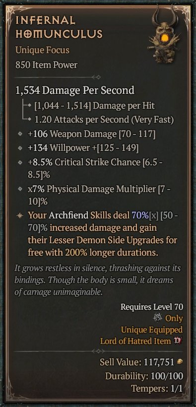 Diablo 4 Infernal Homunculus - Unique Focus card