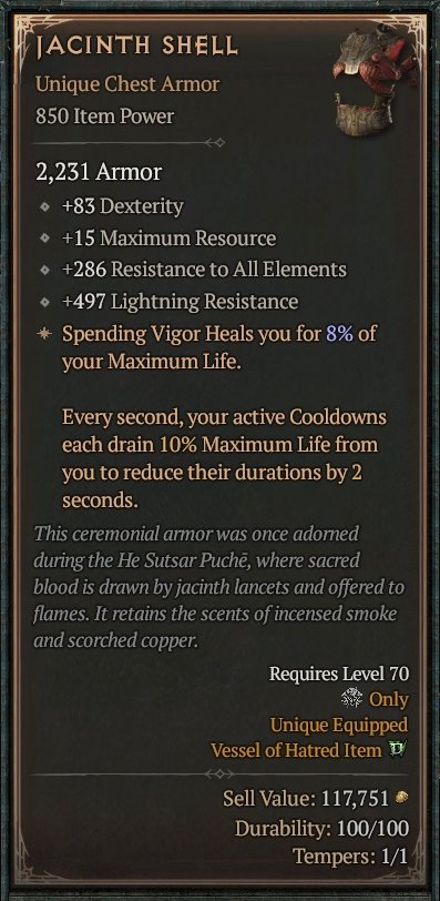 Diablo 4 Jacinth Shell Mythic Unique Chest Armor card