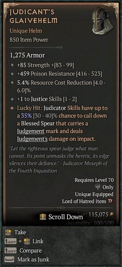 Diablo 4 Judicant’s Glaivehelm: Unique Helm card