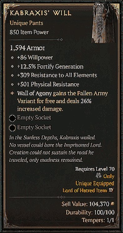 Diablo 4 Kabraxis Will: Unique Pants card