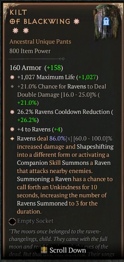 Diablo 4 Kilt of Blackwing: Unique Pants card