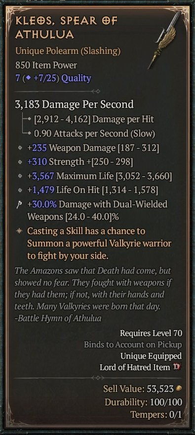Diablo 4 Kleos, Spear Of Athulua - Unique Polearm card