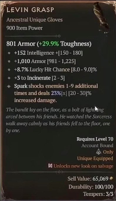 Diablo 4 Levin Grasp: Unique Gloves card