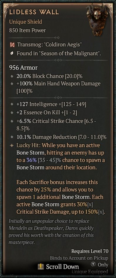 Diablo 4 Lidless Wall - Unique Shield card