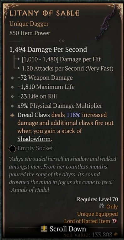 Diablo 4 Litany of Sable - Unique Dagger card