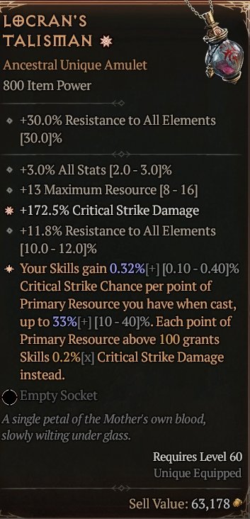 Diablo 4 Locran's Talisman card