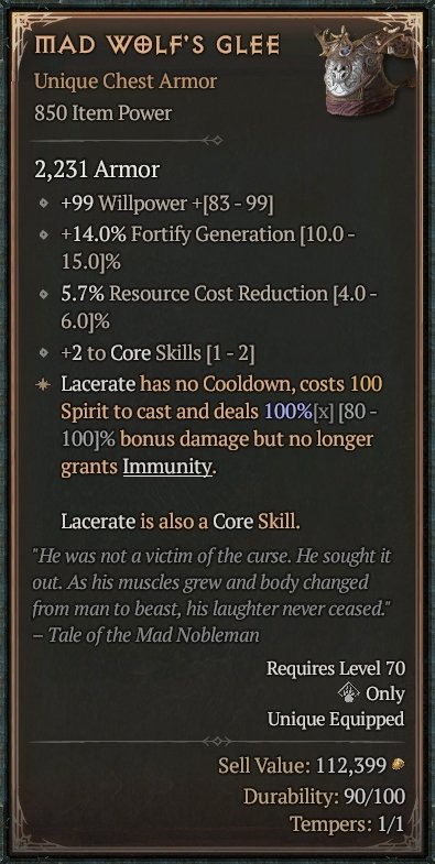 Diablo 4 Mad Wolf's Glee: Unique Chest card