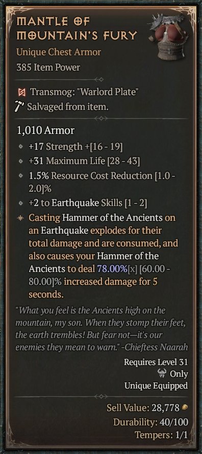 Diablo 4 Mantle of Mountain's Fury: Unique Chest card