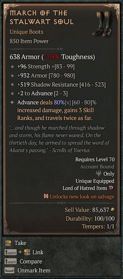 Diablo 4 March of the Stalwart Soul: Unique Boots card