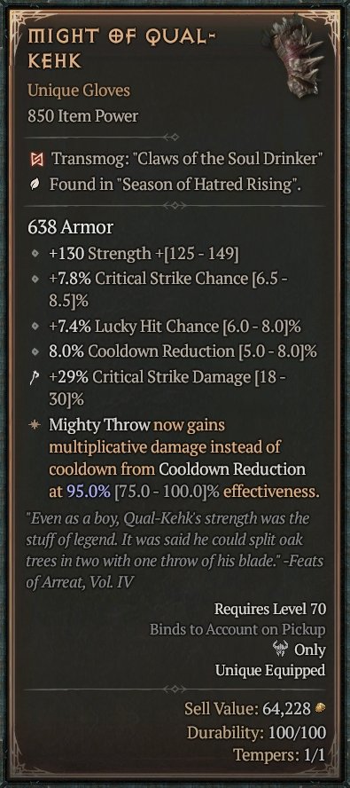 Diablo 4 Might of Qual-Kehk: Unique Chest card