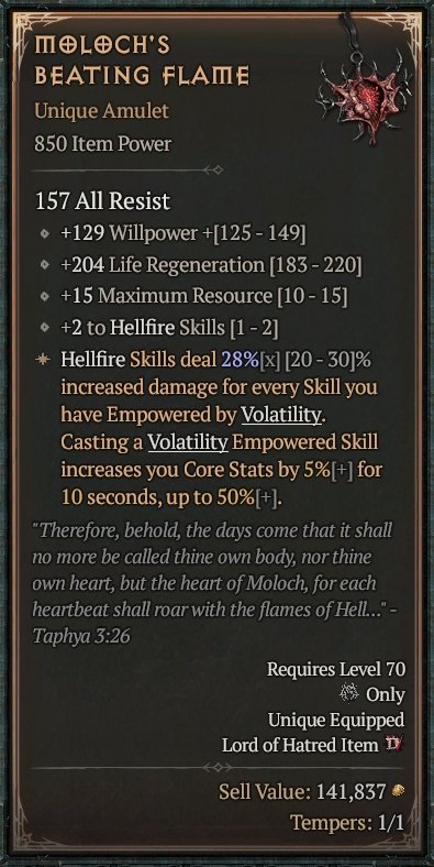 Diablo 4 Moloch's Beating Flame card