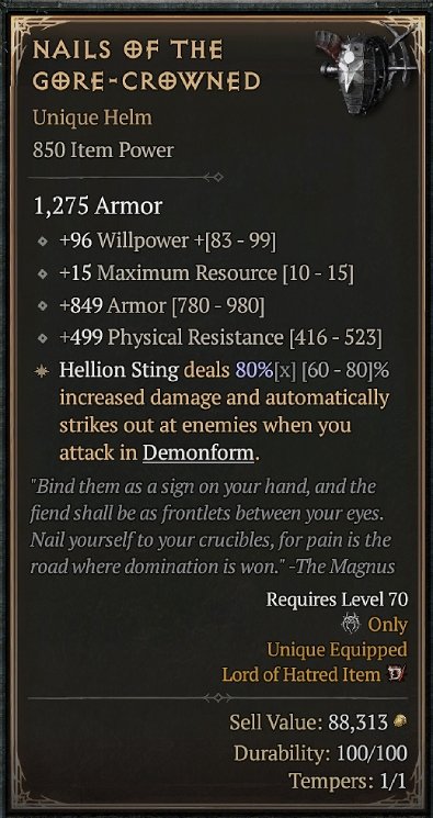 Diablo 4 Nails of the Gore-Crowned: Unique Helm card