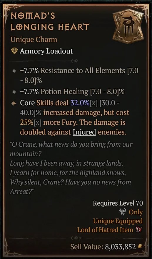 Diablo 4 Nomad's Longing Heart card