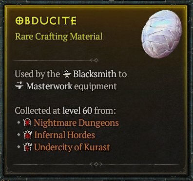 Diablo 4 Obducite Material card