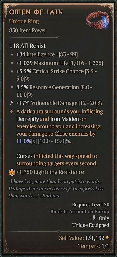 Diablo 4 Omen of Pain card