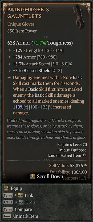 Diablo 4 Paingorger's Gauntlets Unique Gloves card