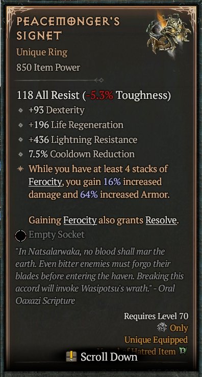 Diablo 4 Peacemonger's Signet card