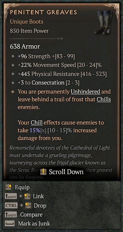 Diablo 4 Penitent Greaves: Unique Boots card