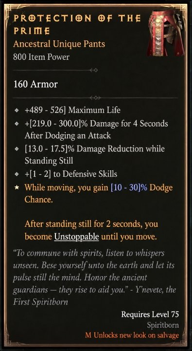 Diablo 4 Protection of the Prime: Unique Pants card