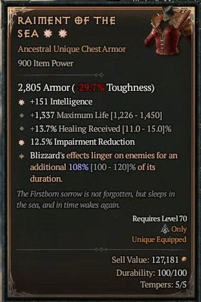 Diablo 4 Raiment of the Sea - Unique Chest card