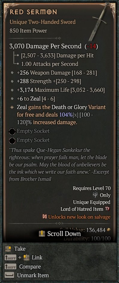 Diablo 4 Red Sermon - Unique Sword card