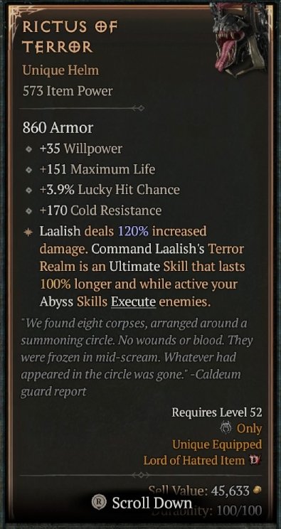 Diablo 4 Rictus of Terror: Unique Helm card