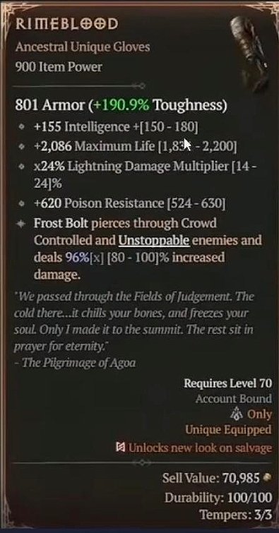 Diablo 4 Rimeblood: Unique Gloves card