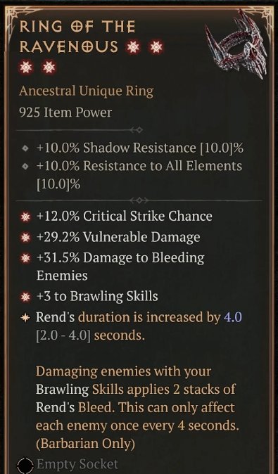 Diablo 4 Ring of the Ravenous card