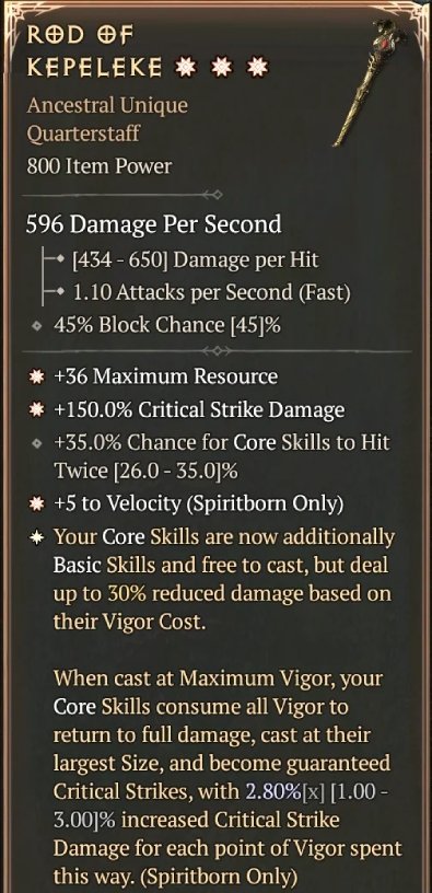 Diablo 4 Rod of Kepeleke - Unique Quarterstaff card