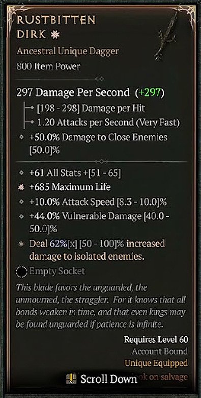 Diablo 4 Rustbitten Dirk - Unique Dagger card