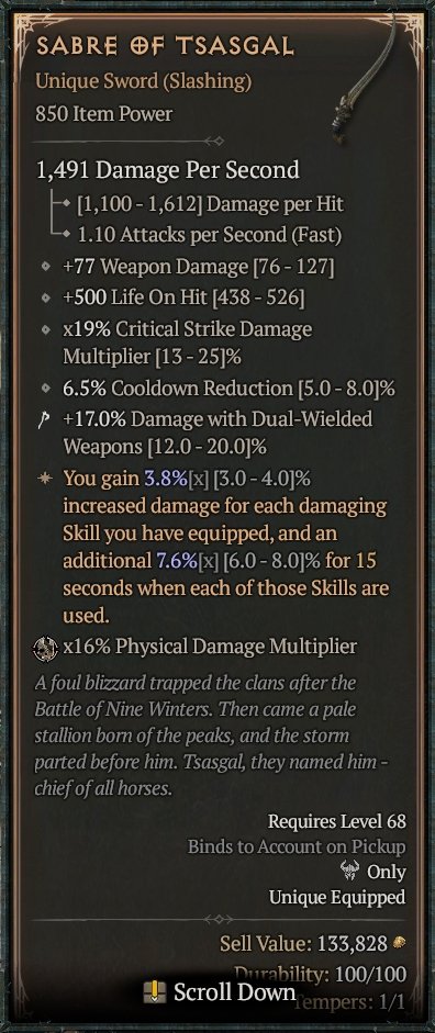 Diablo 4 Sabre of Tsasgal - Unique Sword card