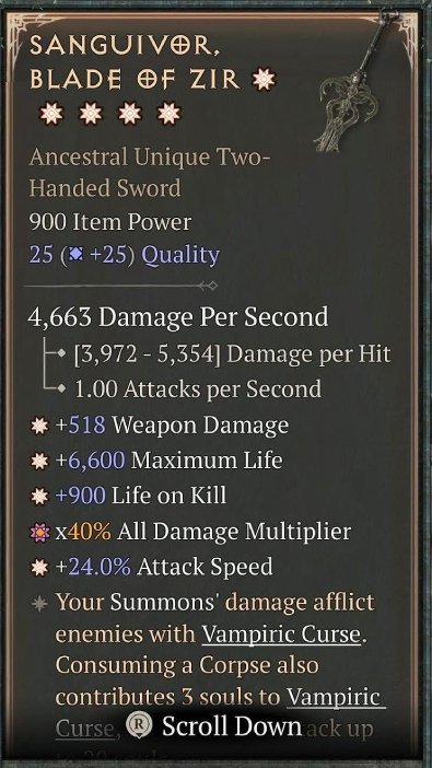 Diablo 4 Sanguivor, Blade of Zir - Unique Sword card
