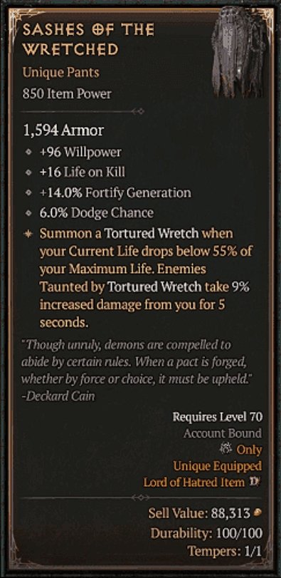 Diablo 4 Sashes of the Wretched: Unique Pants card