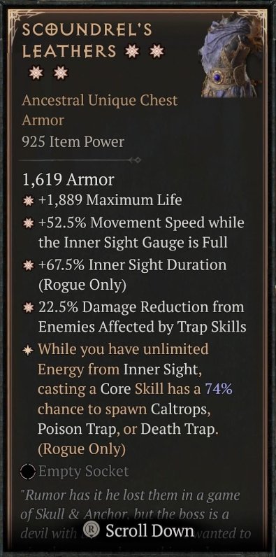 Diablo 4 Scoundrel's Leathers: Unique Chest card