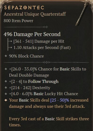 Diablo 4 Sepazontec - Unique Quarterstaff card