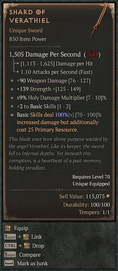 Diablo 4 Shard of Verathiel - Unique Sword card