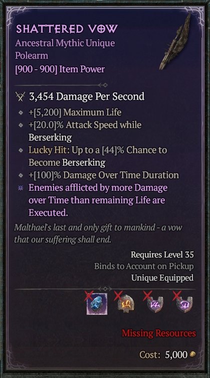 Diablo 4 Shattered Vow Mythic Unique Polearm card