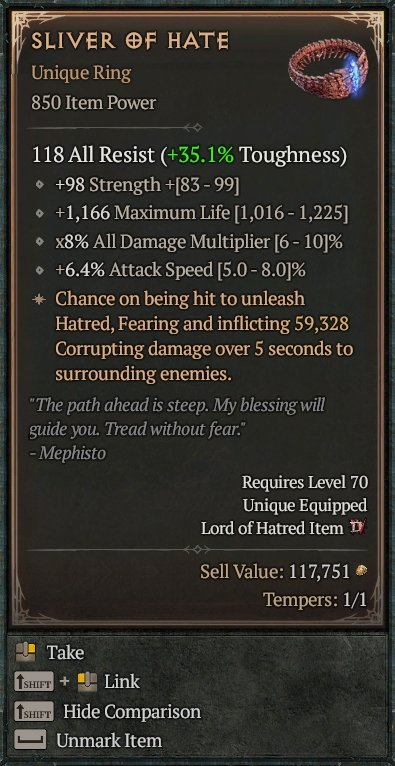 Diablo 4 Sliver of Hate card