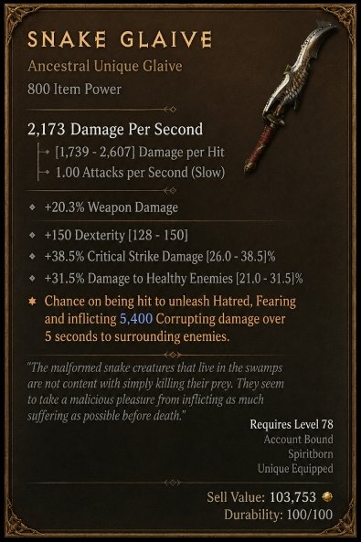 Diablo 4 Snake Glaive - Unique Glaive card