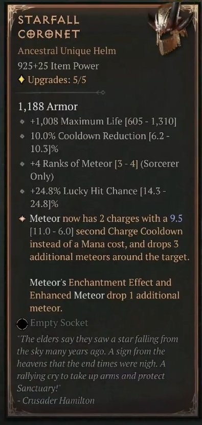 Diablo 4 Starfall Coronet: Unique Helm card