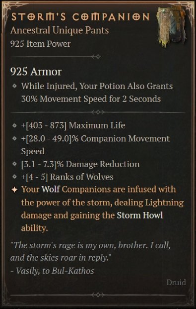 Diablo 4 Storm's Companion: Unique Pants card