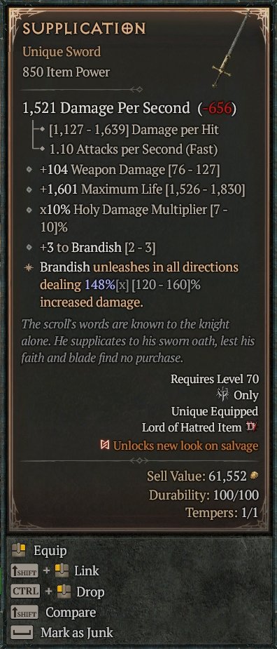 Diablo 4 Supplication - Unique Sword card