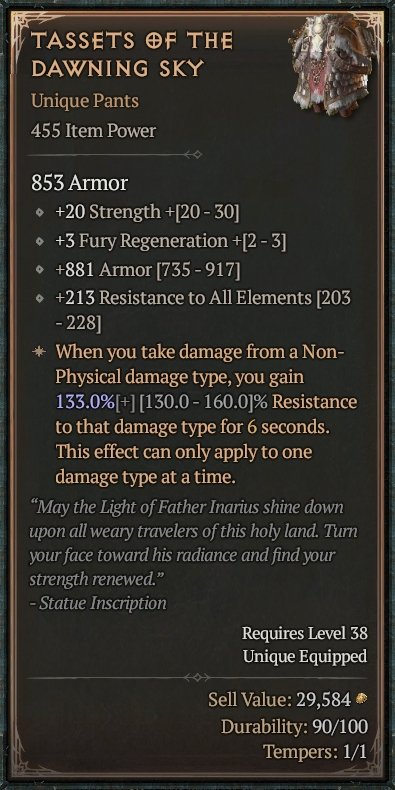 Diablo 4 Tassets of the Dawning Sky: Unique Pants card