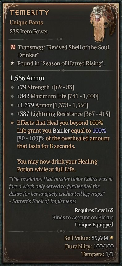 Diablo 4 Temerity: Unique Pants card