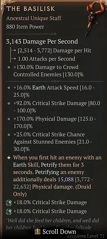 Diablo 4 The Basilisk - Unique Staff card