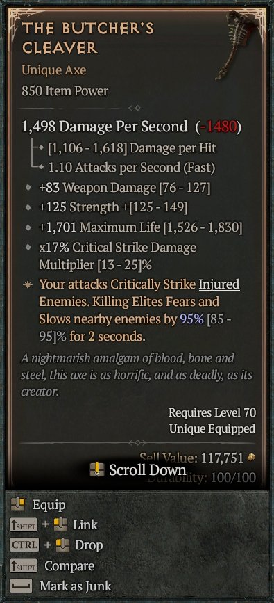 Diablo 4 The Butcher's Cleaver - Unique Axe card