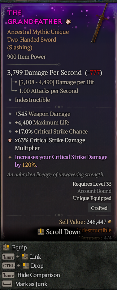 Diablo 4 The Grandfather - Mythic Unique Sword card
